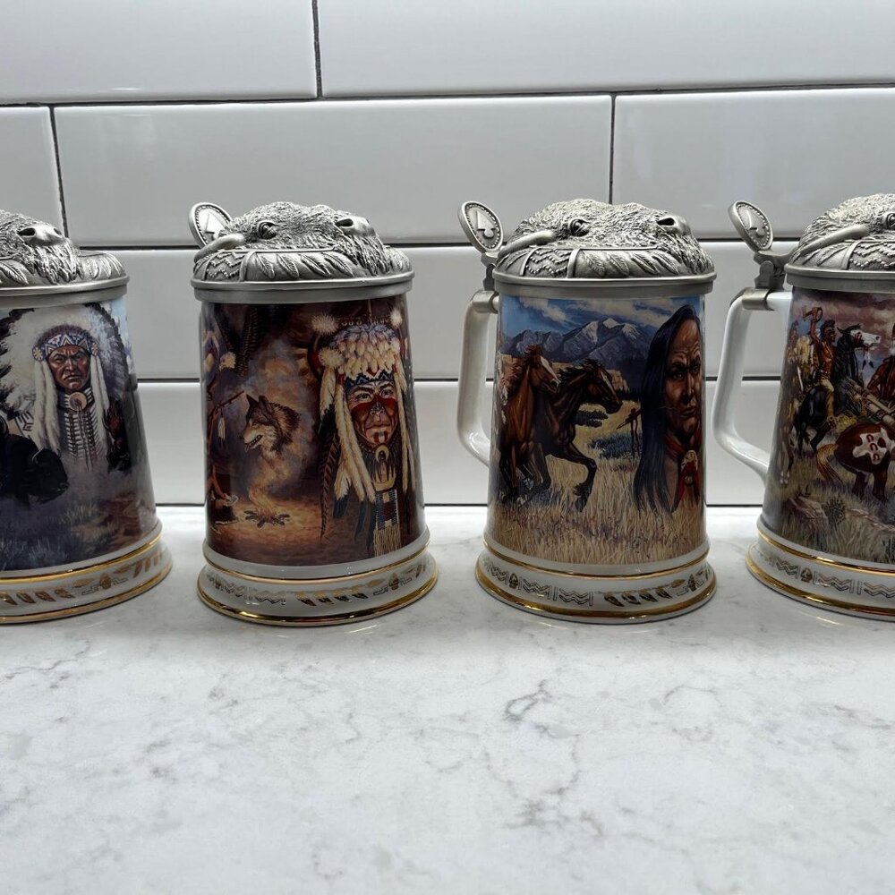 (4) 1991 Beer Steins Warriors of the Plains, Tankard Collection by Gene Stewart